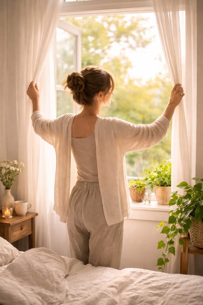 Uma pessoa acordando disposta e sorrindo, alongando-se em um quarto iluminado pelo sol, ilustrando os resultados positivos de um sono saudável na disposição e bem-estar mental.