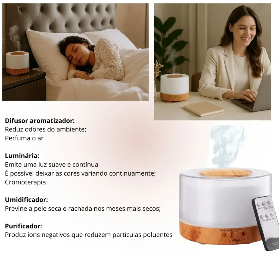 Um difusor de aromas liberando vapor suave em um quarto bem arrumado, representando práticas essenciais para um sono saudável e um ambiente propício ao relaxamento.